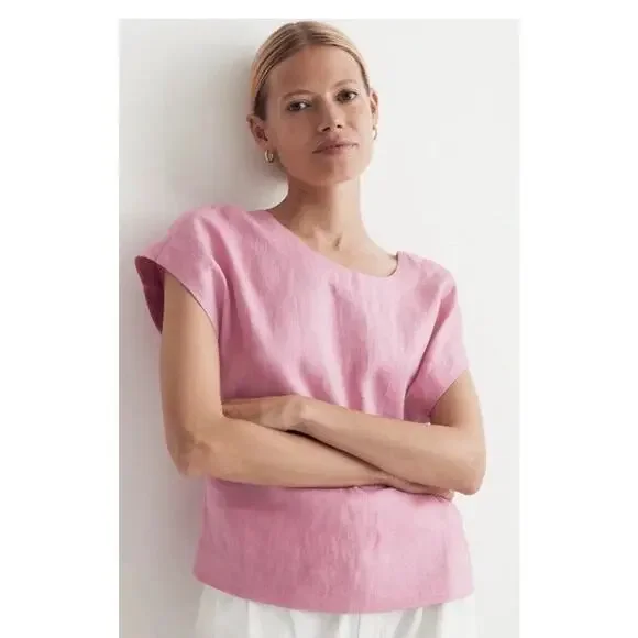 MADEWELL Linen Square Back Crewneck Top Short Sleeve Shirt Light Pink size XL - Picture 2 of 16